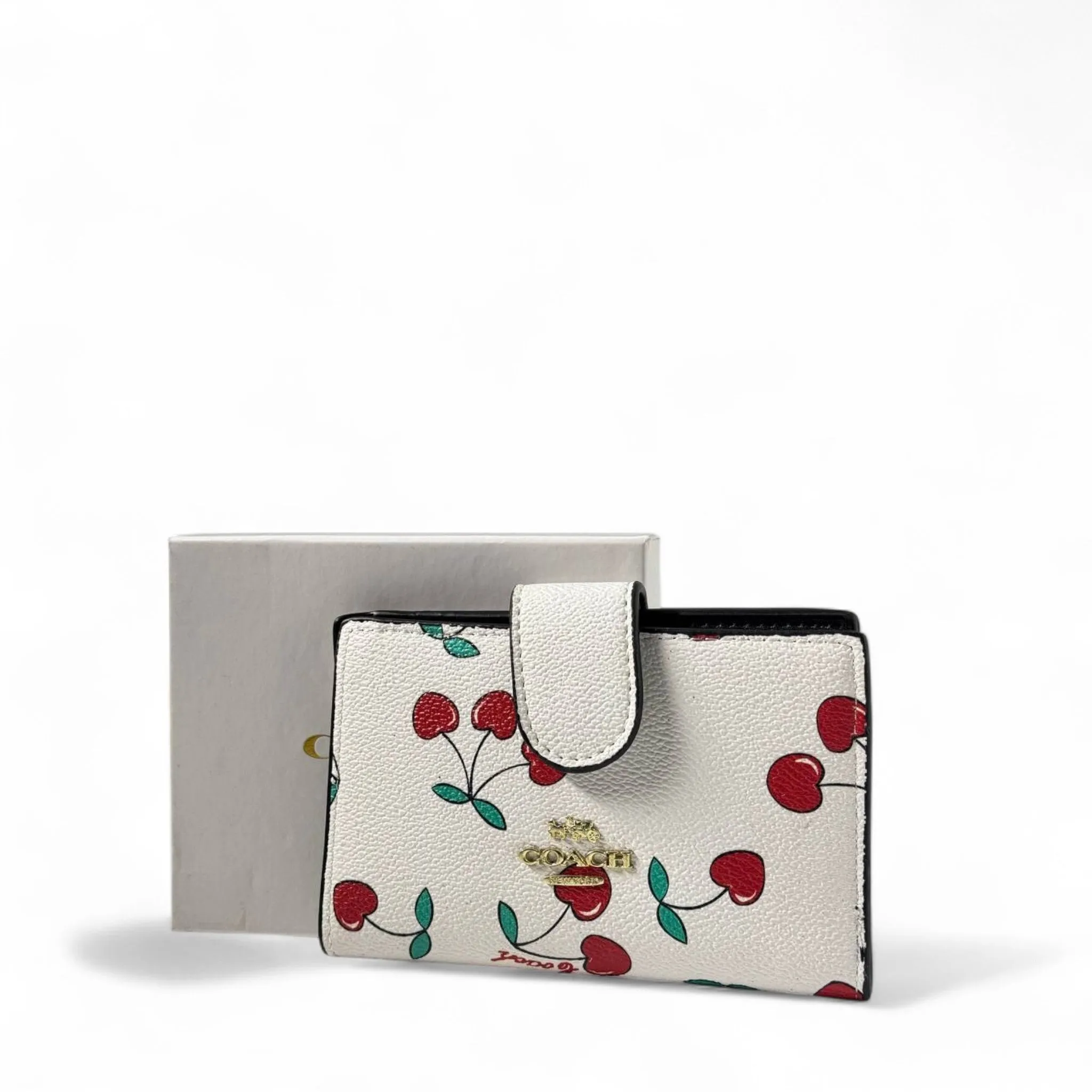 🍒 Coach White Cherry Print Wallet – Gold Logo & Snap Tab Closure ✨