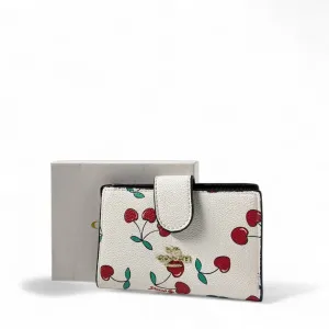 🍒 Coach White Cherry Print Wallet – Gold Logo & Snap Tab Closure ✨