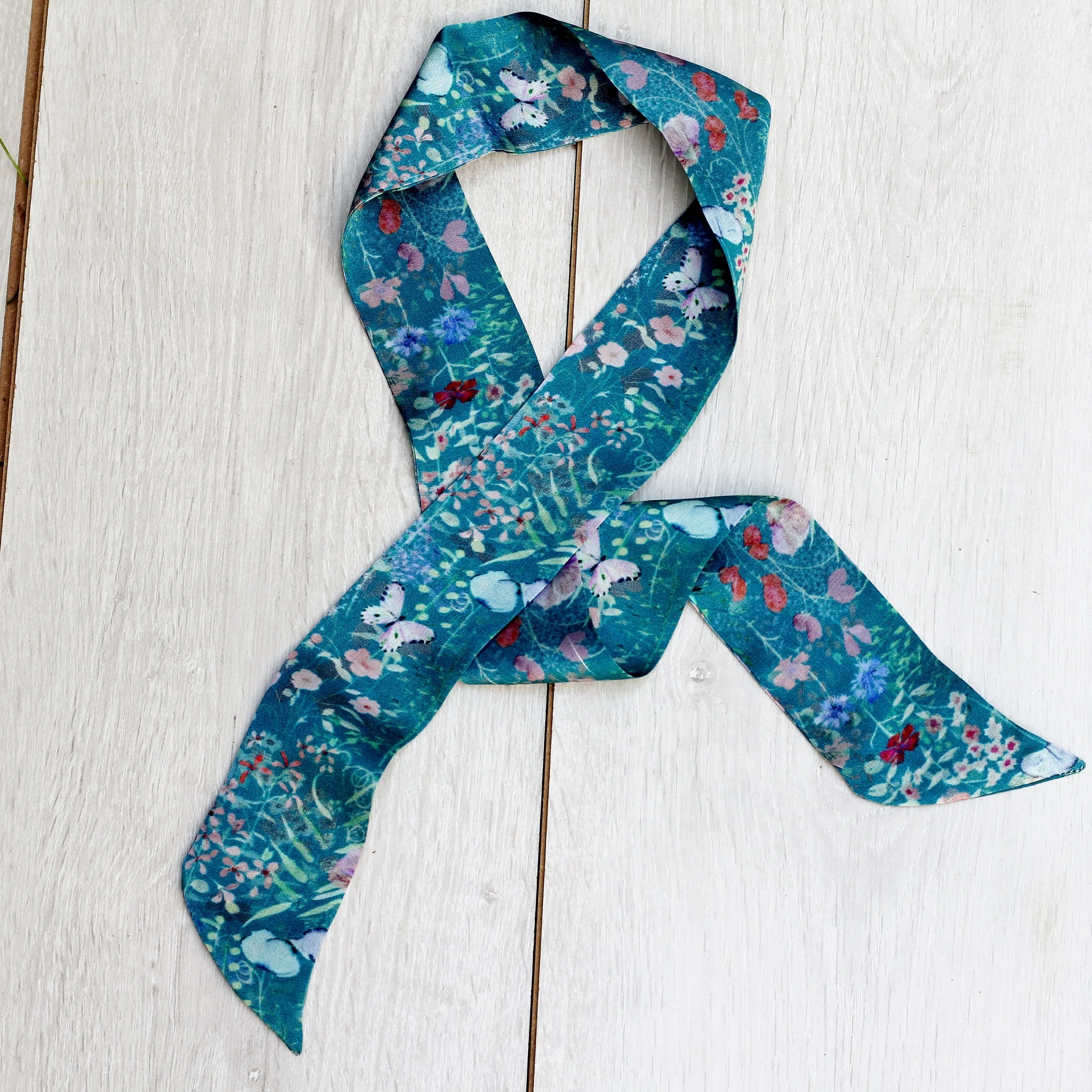 100% Silk Skinny Scarf Botanical Meadows