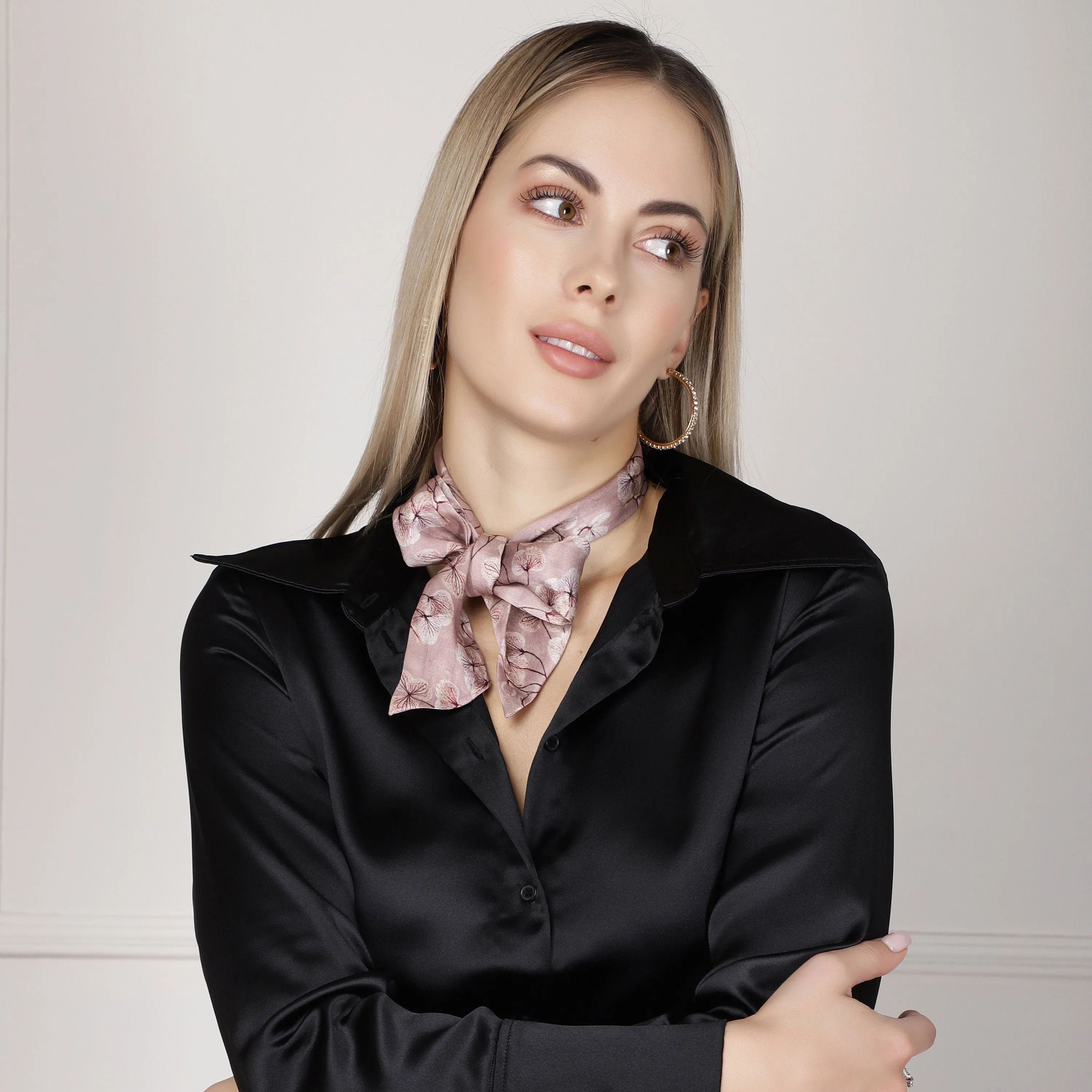 100% Silk Skinny Scarf skeletal leaves Blush