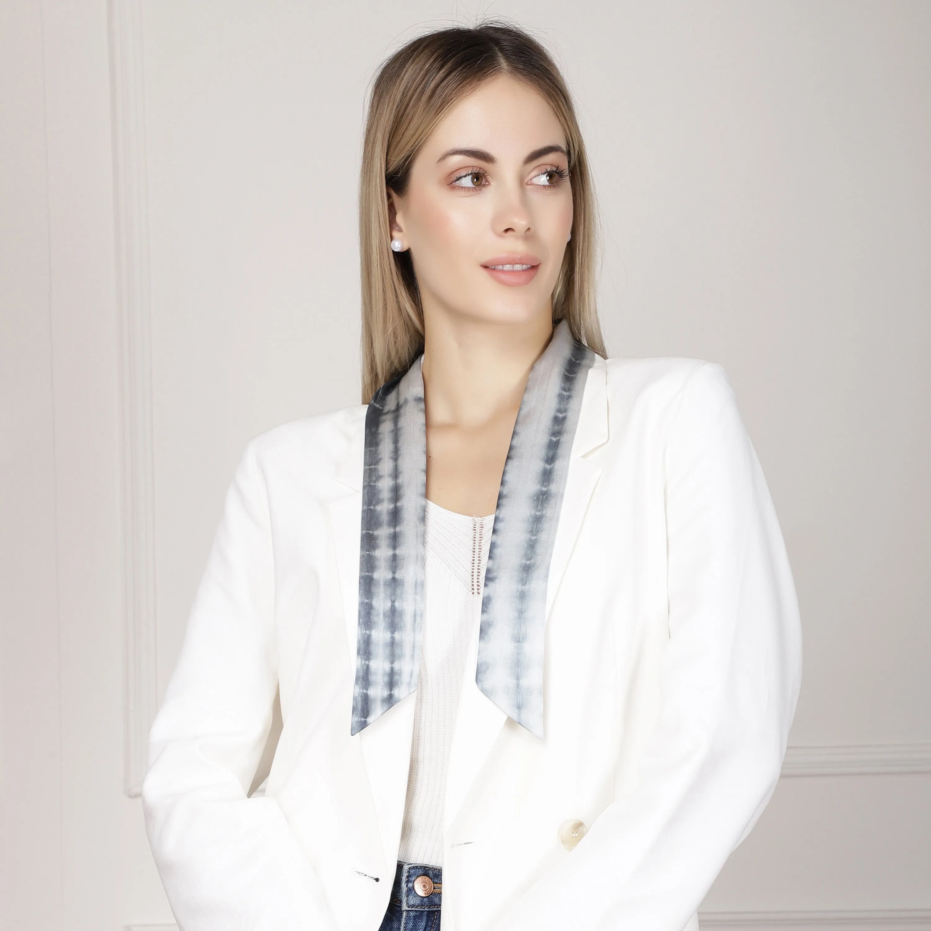100% Silk Skinny Scarf Tie and Dye Blues