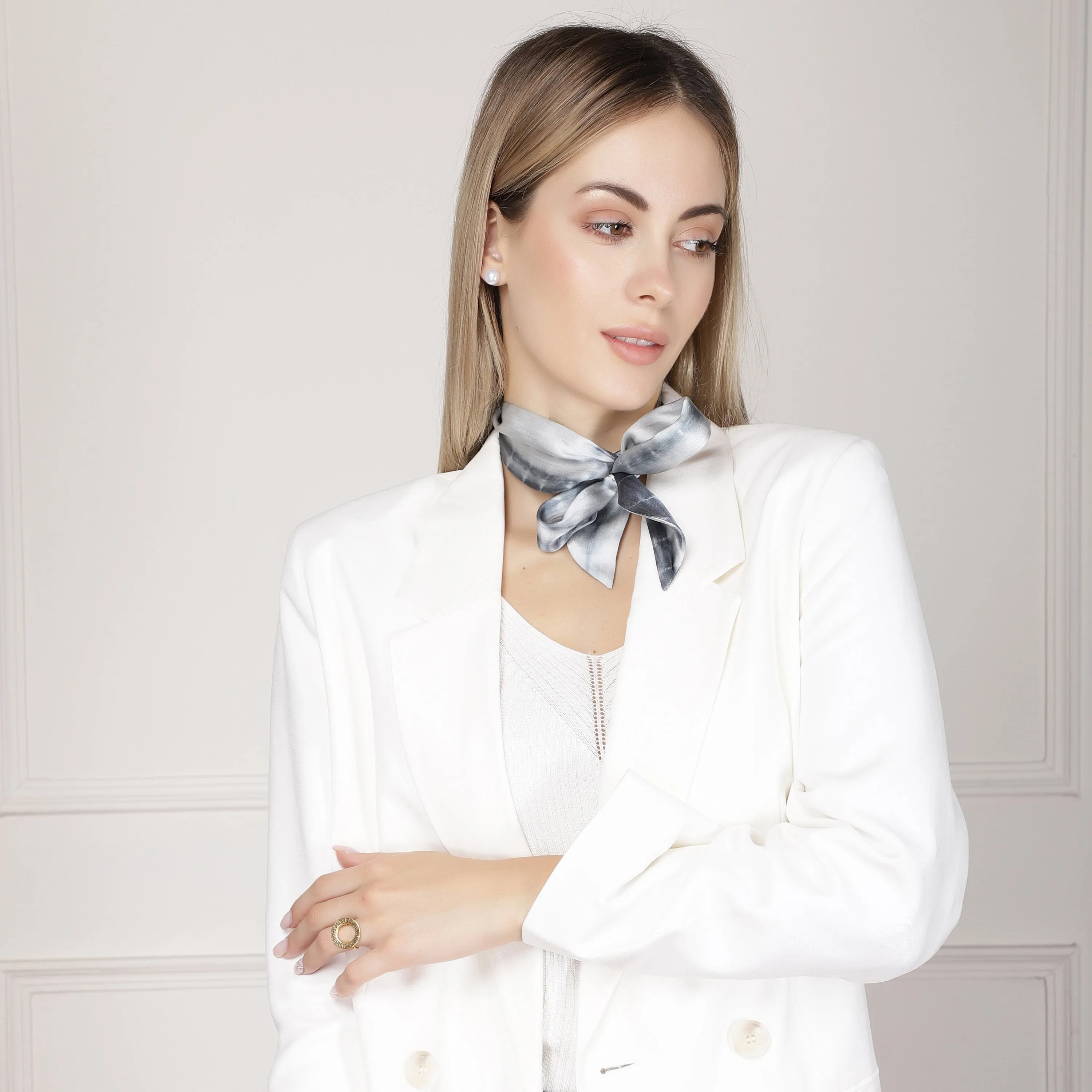 100% Silk Skinny Scarf Tie and Dye Blues