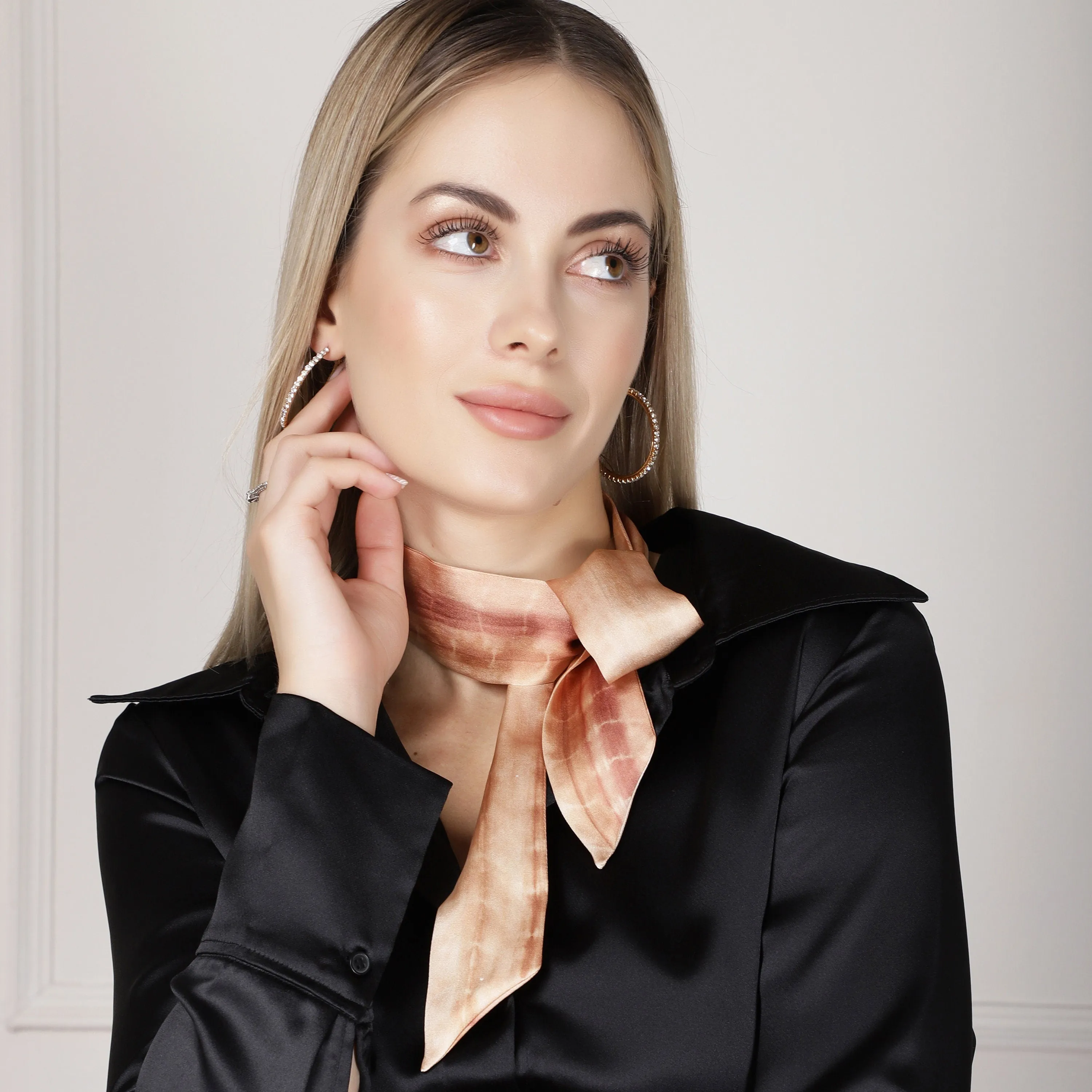 100% Silk Skinny Scarf Tie and Dye Browns