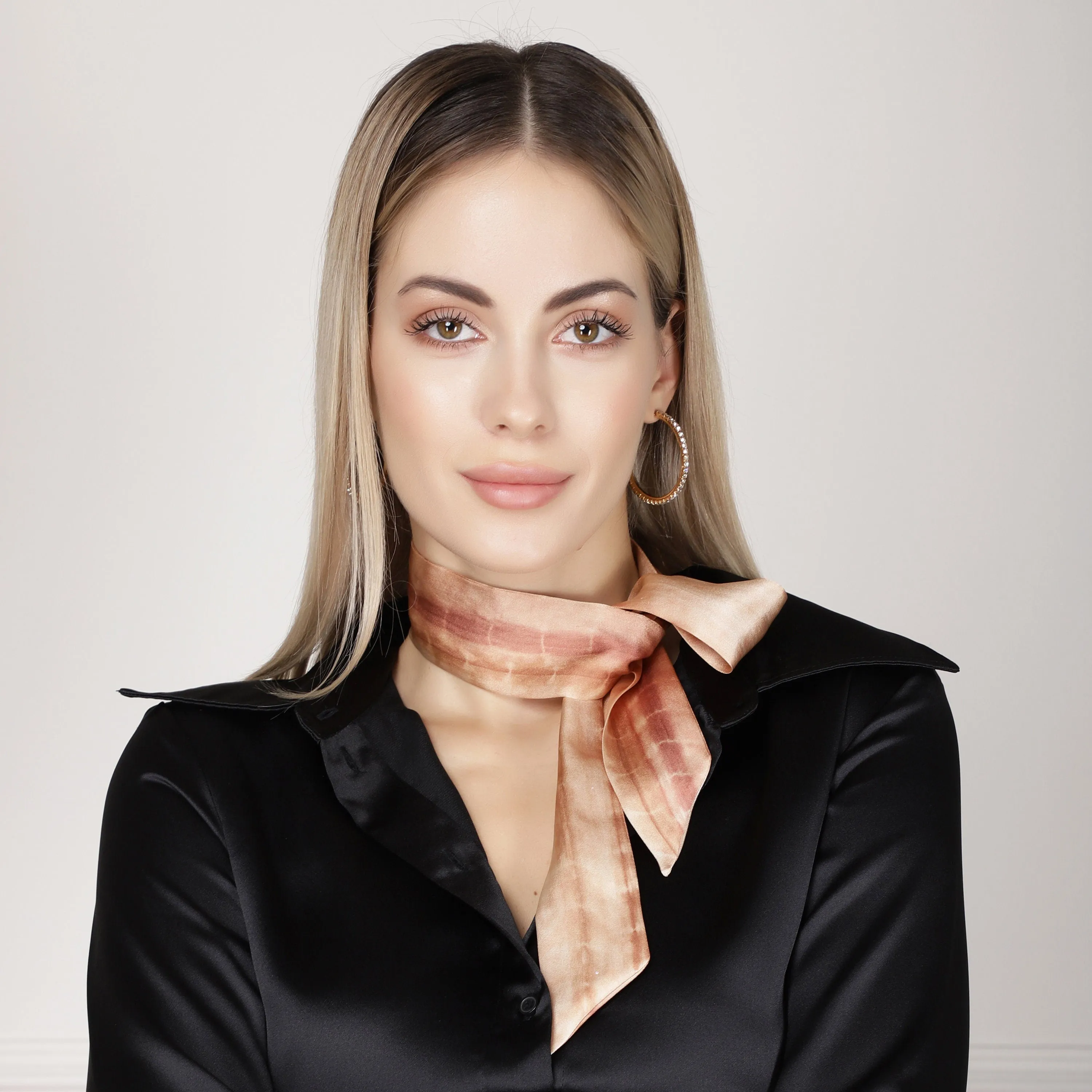 100% Silk Skinny Scarf Tie and Dye Browns