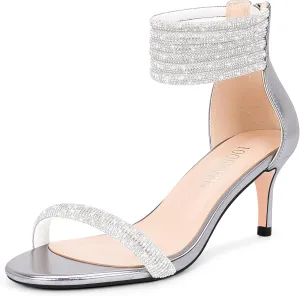 100FIXEO Rhinestone Embellishment Stiletto Heels Sandals Open Toe Ankle Strap Wedding Dress Shoes