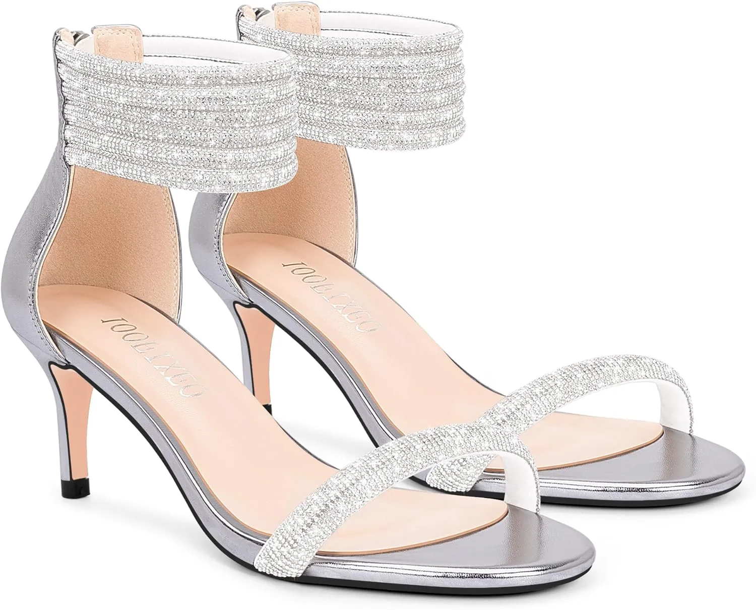 100FIXEO Rhinestone Embellishment Stiletto Heels Sandals Open Toe Ankle Strap Wedding Dress Shoes