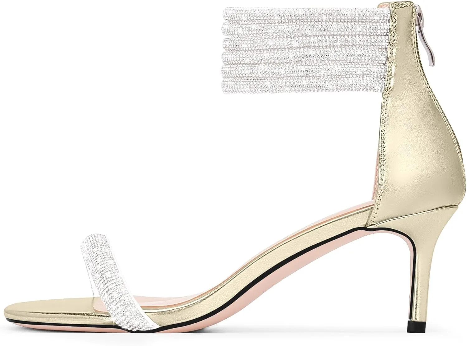 100FIXEO Rhinestone Embellishment Stiletto Heels Sandals Open Toe Ankle Strap Wedding Dress Shoes
