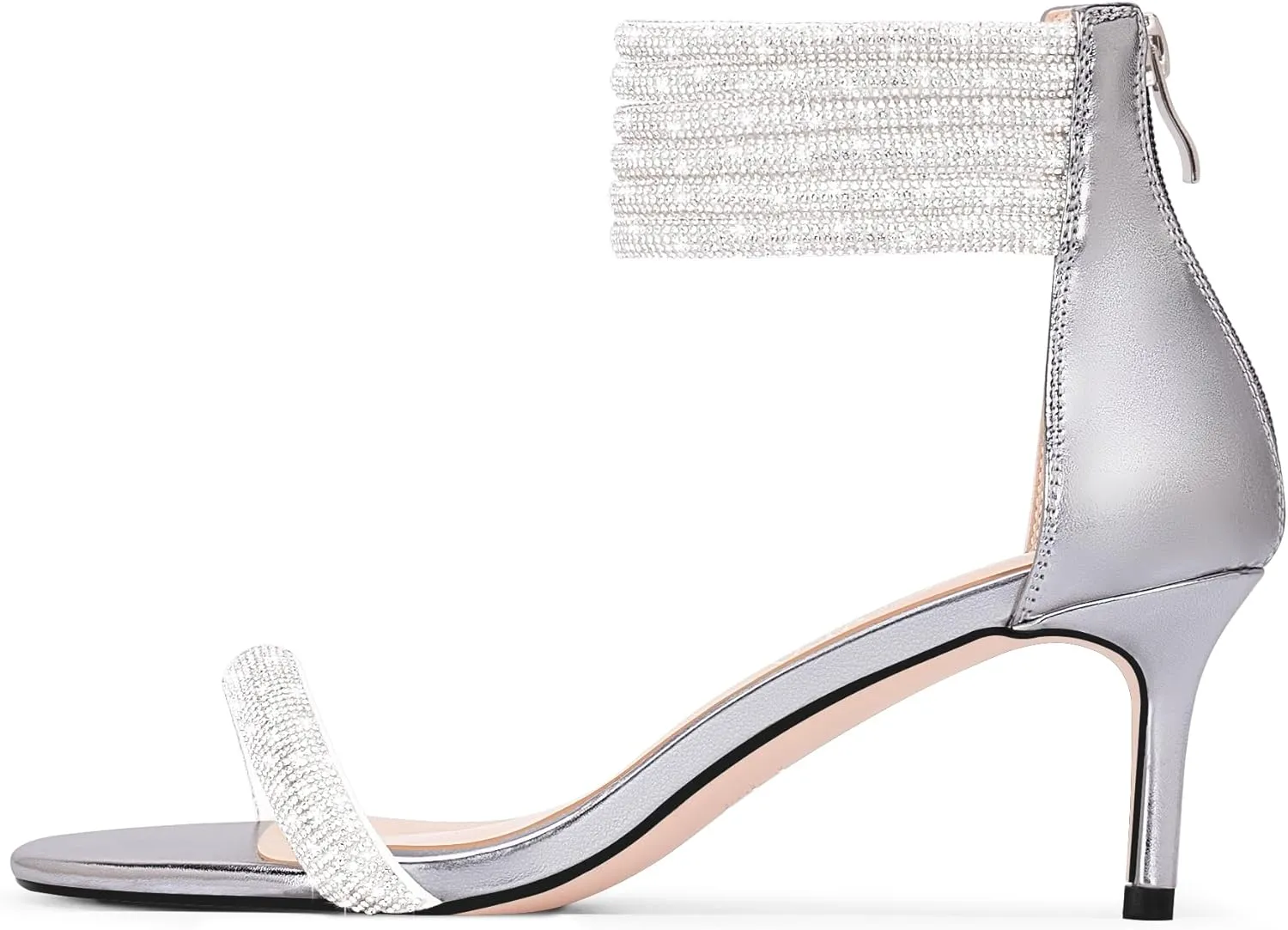100FIXEO Rhinestone Embellishment Stiletto Heels Sandals Open Toe Ankle Strap Wedding Dress Shoes