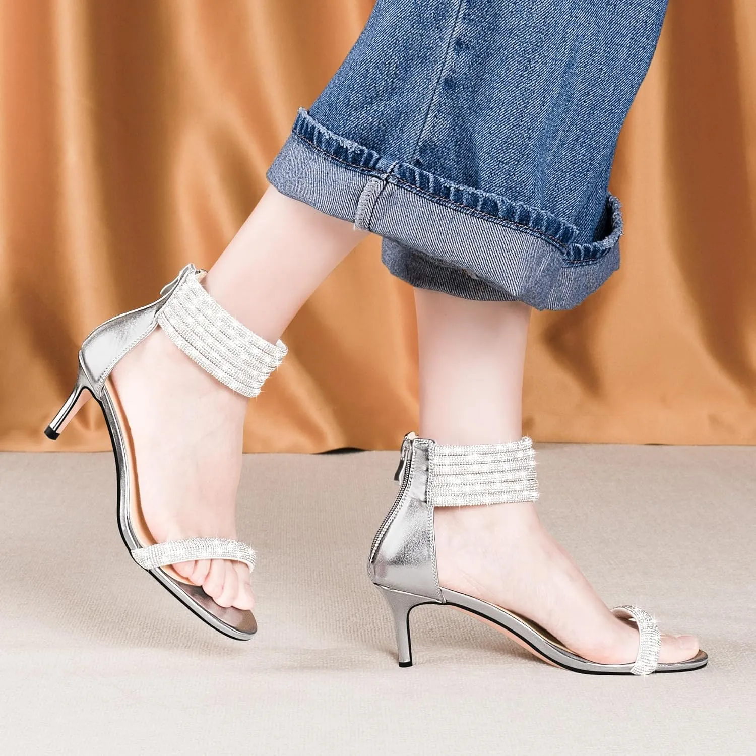 100FIXEO Rhinestone Embellishment Stiletto Heels Sandals Open Toe Ankle Strap Wedding Dress Shoes
