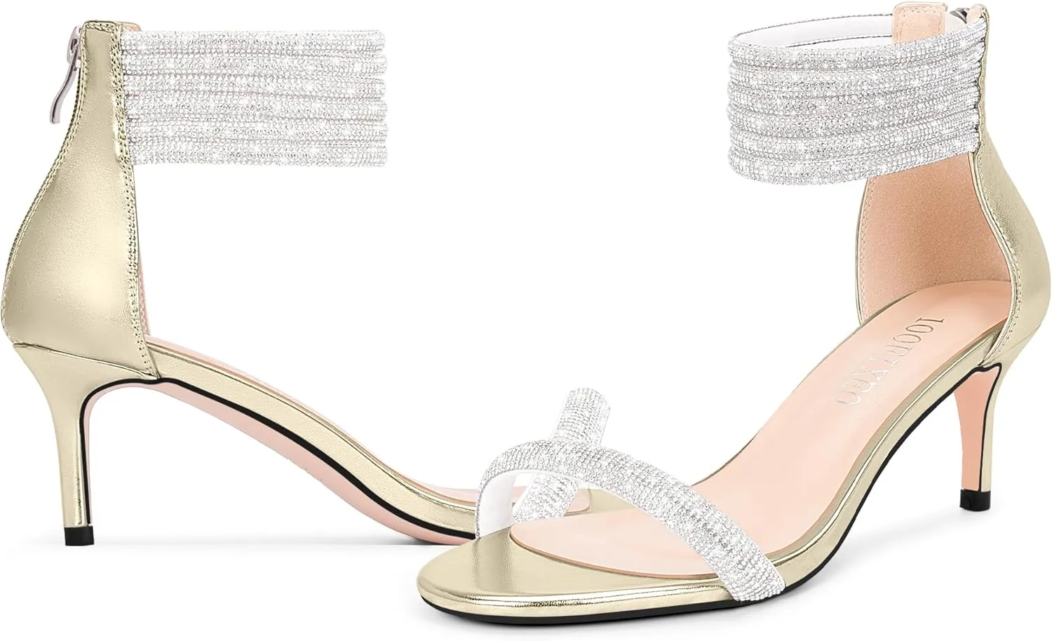100FIXEO Rhinestone Embellishment Stiletto Heels Sandals Open Toe Ankle Strap Wedding Dress Shoes