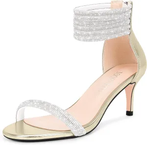 100FIXEO Rhinestone Embellishment Stiletto Heels Sandals Open Toe Ankle Strap Wedding Dress Shoes