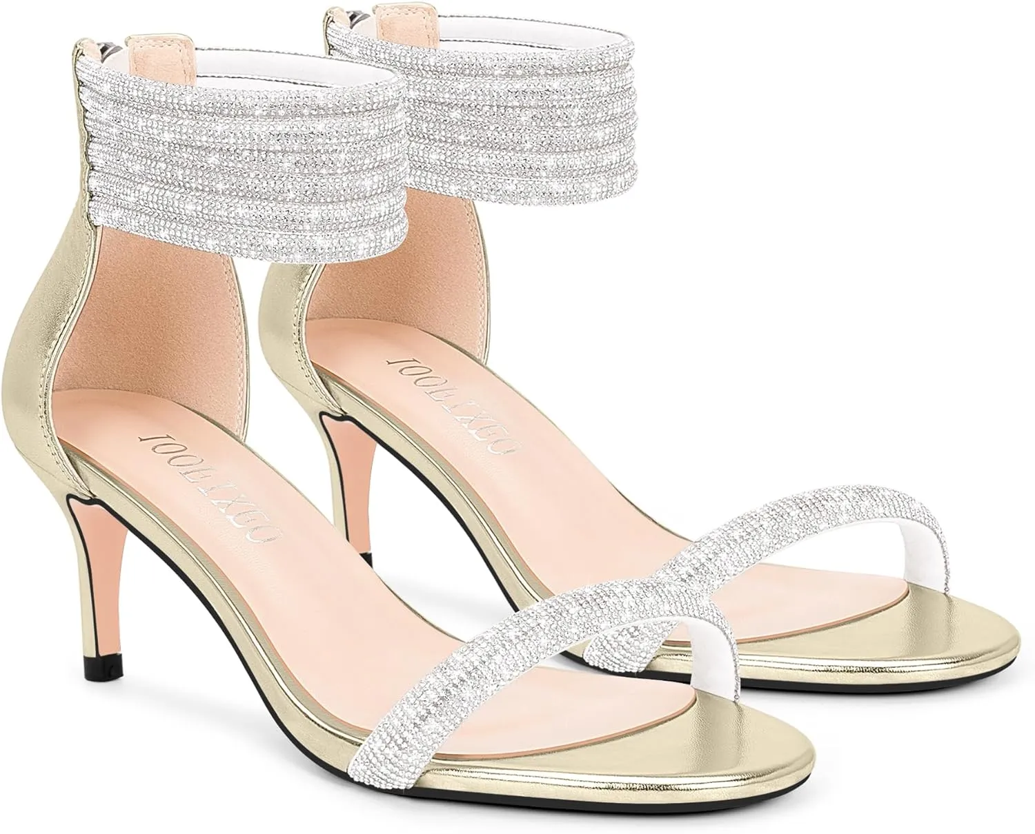 100FIXEO Rhinestone Embellishment Stiletto Heels Sandals Open Toe Ankle Strap Wedding Dress Shoes