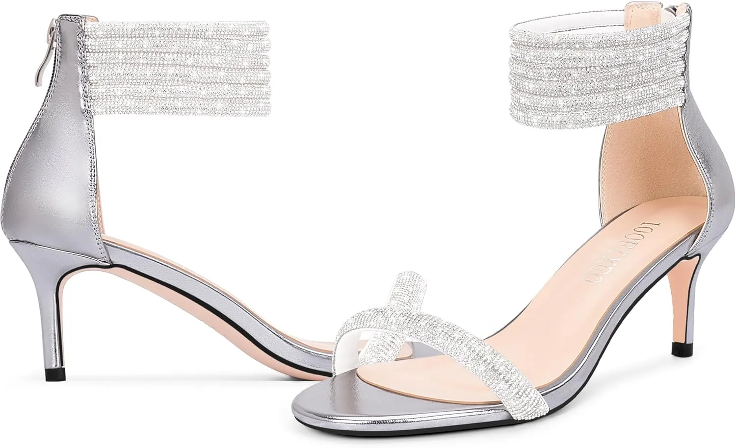 100FIXEO Rhinestone Embellishment Stiletto Heels Sandals Open Toe Ankle Strap Wedding Dress Shoes