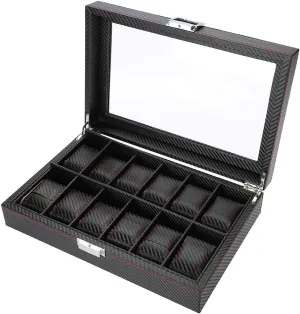 12 Grids PU Leather Watch Display Storage Box, High End Organizer Case with Transparent Cover, Dust Proof and Moist Proof, outstanding for Storing and Showing Watches