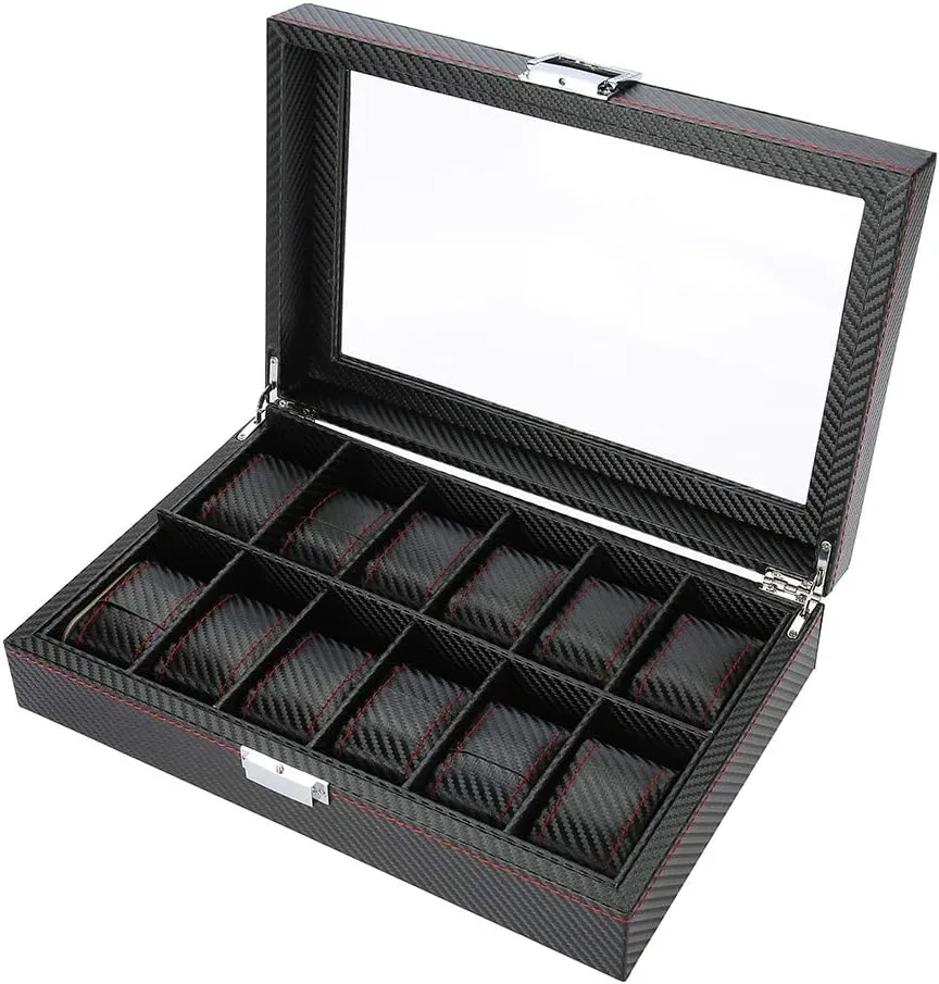12 Grids PU Leather Watch Display Storage Box, High End Watch Organizer Case with Transparent Cover, Dust and, sturdy Metal Lock, outstanding for Storing and Showi