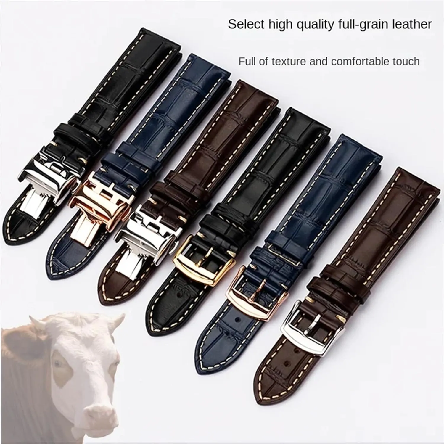 19mm 20mm 21mm Leather Wristband，For Masters Collection L3 L4 L2.628/L2.673 Watch Strap Cowhide Leather Butterfly Buckle watchband