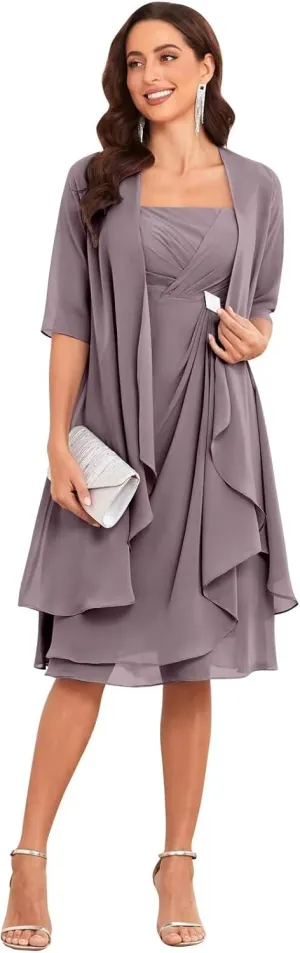2 Pieces Mother of The Bride Dresses for Wedding Chiffon Short Sleeve Formal Dress Evening Gowns with Jacket