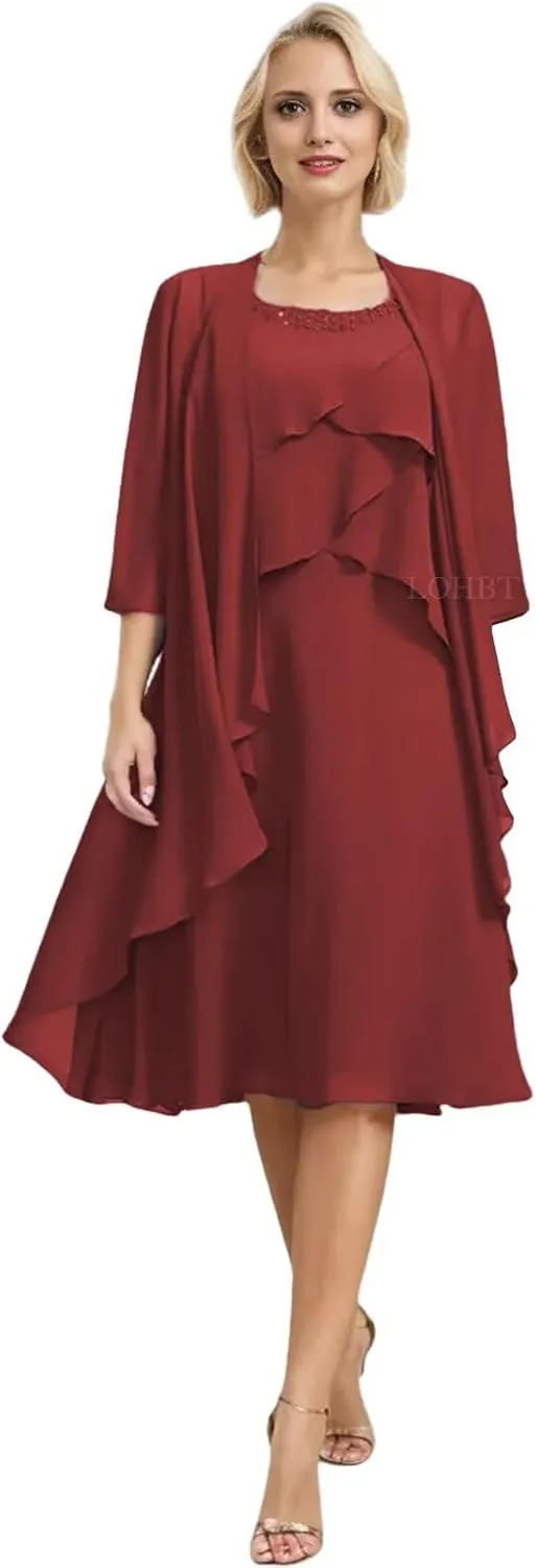 2 Pieces Mother of The Bride Dresses for Wedding Tiered Beaded Chiffon Knee Length Formal Evening Gowns with Jacket