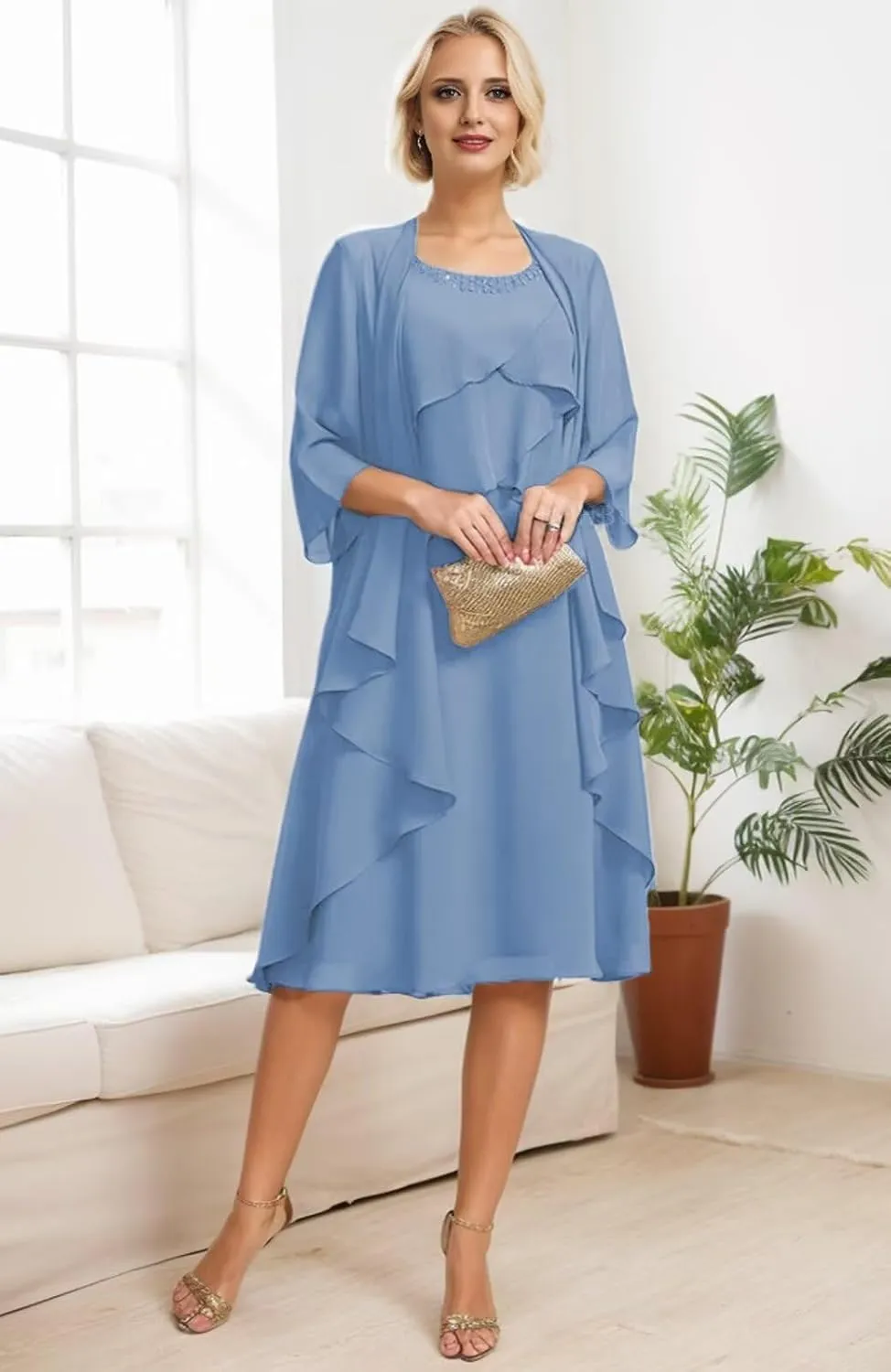2 Pieces Mother of The Bride Dresses for Wedding Tiered Beaded Chiffon Knee Length Formal Evening Gowns with Jacket