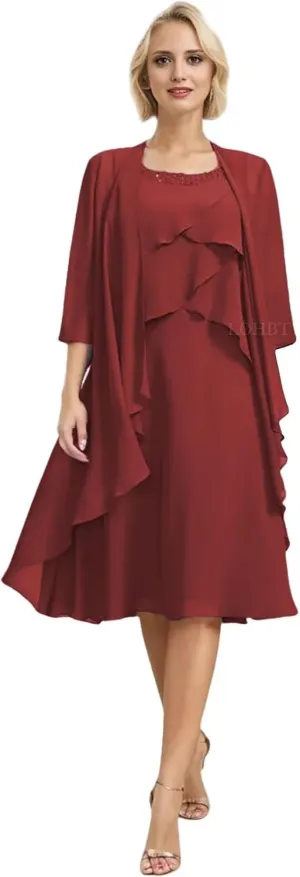 2 Pieces Mother of The Bride Dresses for Wedding Tiered Beaded Chiffon Knee Length Formal Evening Gowns with Jacket