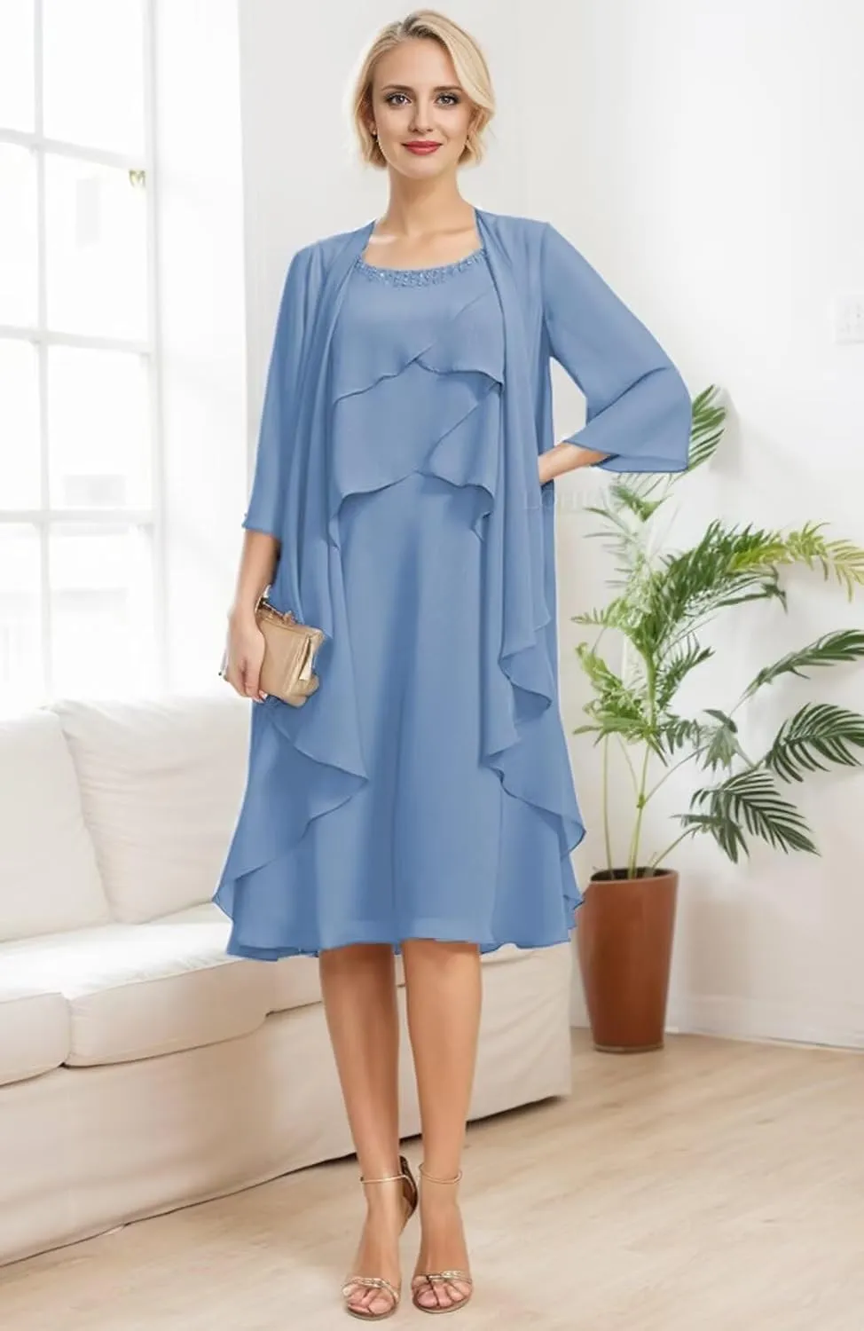2 Pieces Mother of The Bride Dresses for Wedding Tiered Beaded Chiffon Knee Length Formal Evening Gowns with Jacket