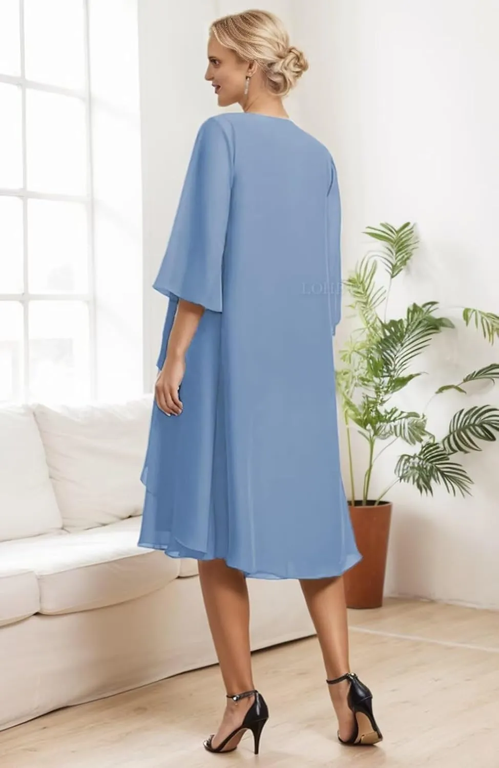 2 Pieces Mother of The Bride Dresses for Wedding Tiered Beaded Chiffon Knee Length Formal Evening Gowns with Jacket