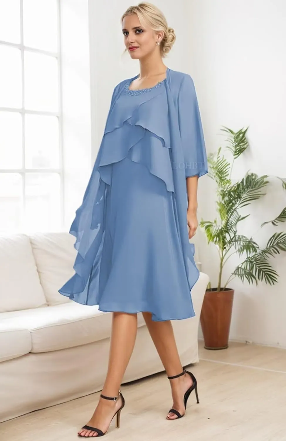 2 Pieces Mother of The Bride Dresses for Wedding Tiered Beaded Chiffon Knee Length Formal Evening Gowns with Jacket