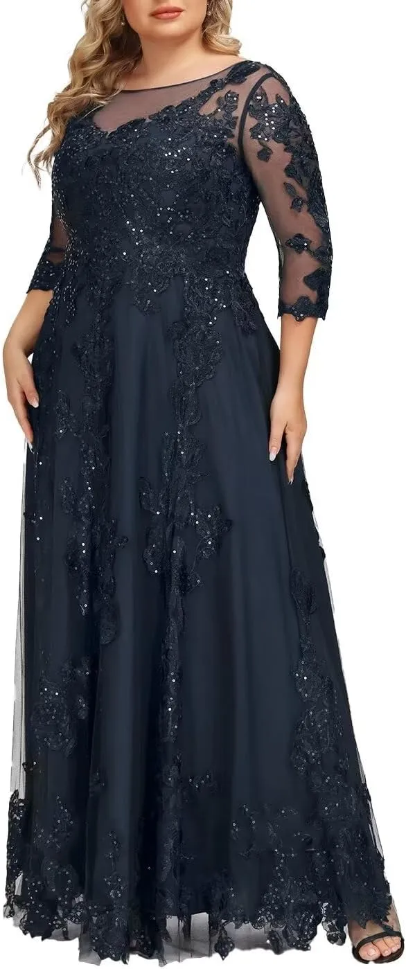 2025 Lace Appliques Mother of The Bride Dresses for Women Long with 3/4 Sleeve Wedding Guset Formal Gowns