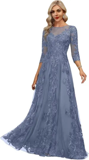 2025 Lace Appliques Mother of The Bride Dresses for Women Long with 3/4 Sleeve Wedding Guset Formal Gowns