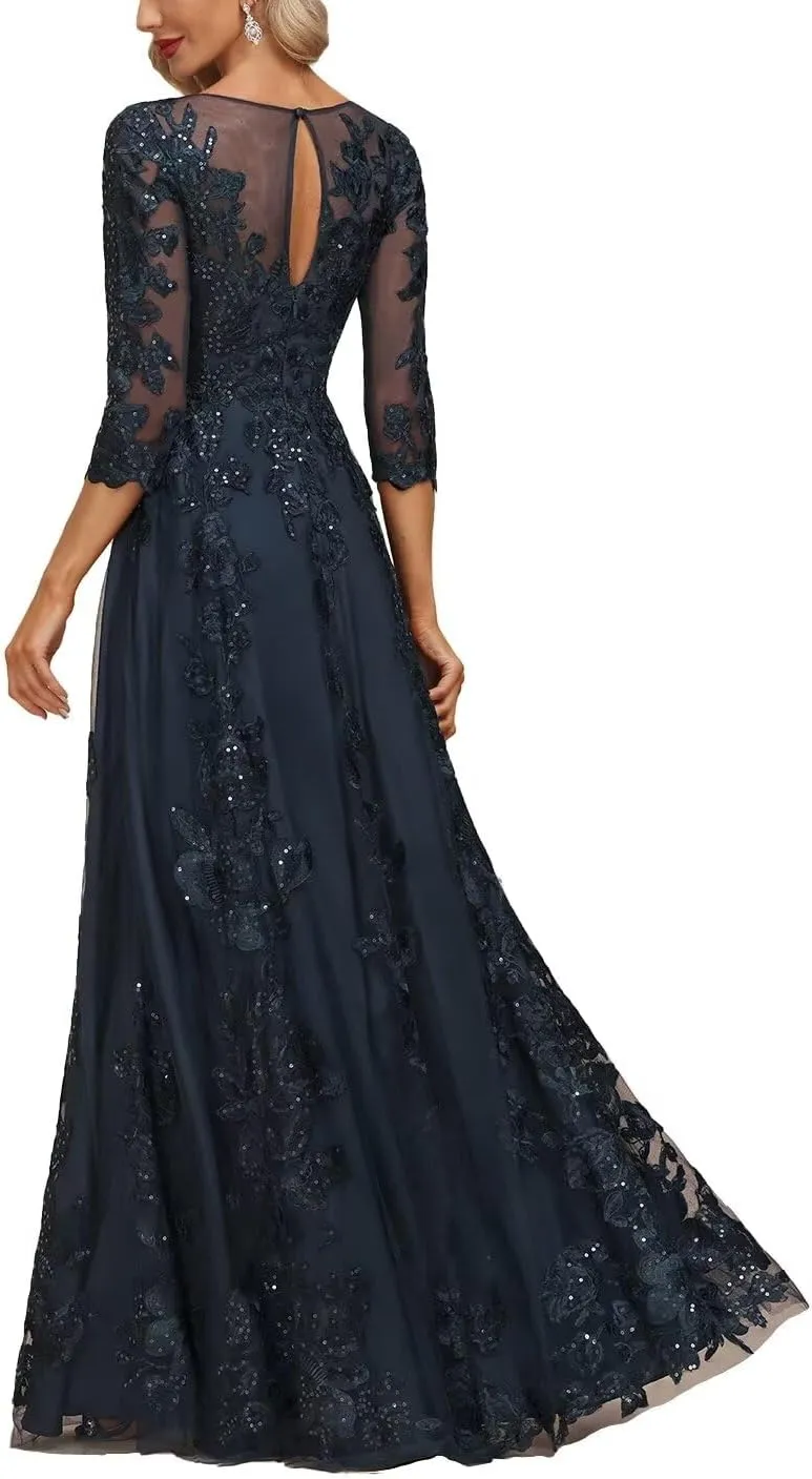 2025 Lace Appliques Mother of The Bride Dresses for Women Long with 3/4 Sleeve Wedding Guset Formal Gowns