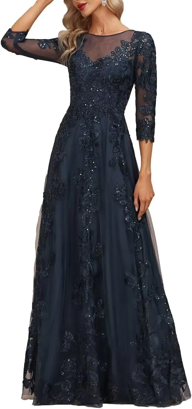 2025 Lace Appliques Mother of The Bride Dresses for Women Long with 3/4 Sleeve Wedding Guset Formal Gowns