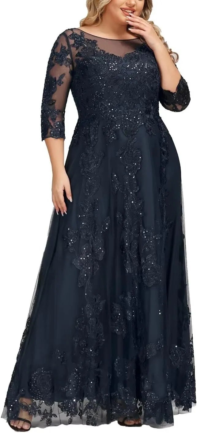 2025 Lace Appliques Mother of The Bride Dresses for Women Long with 3/4 Sleeve Wedding Guset Formal Gowns