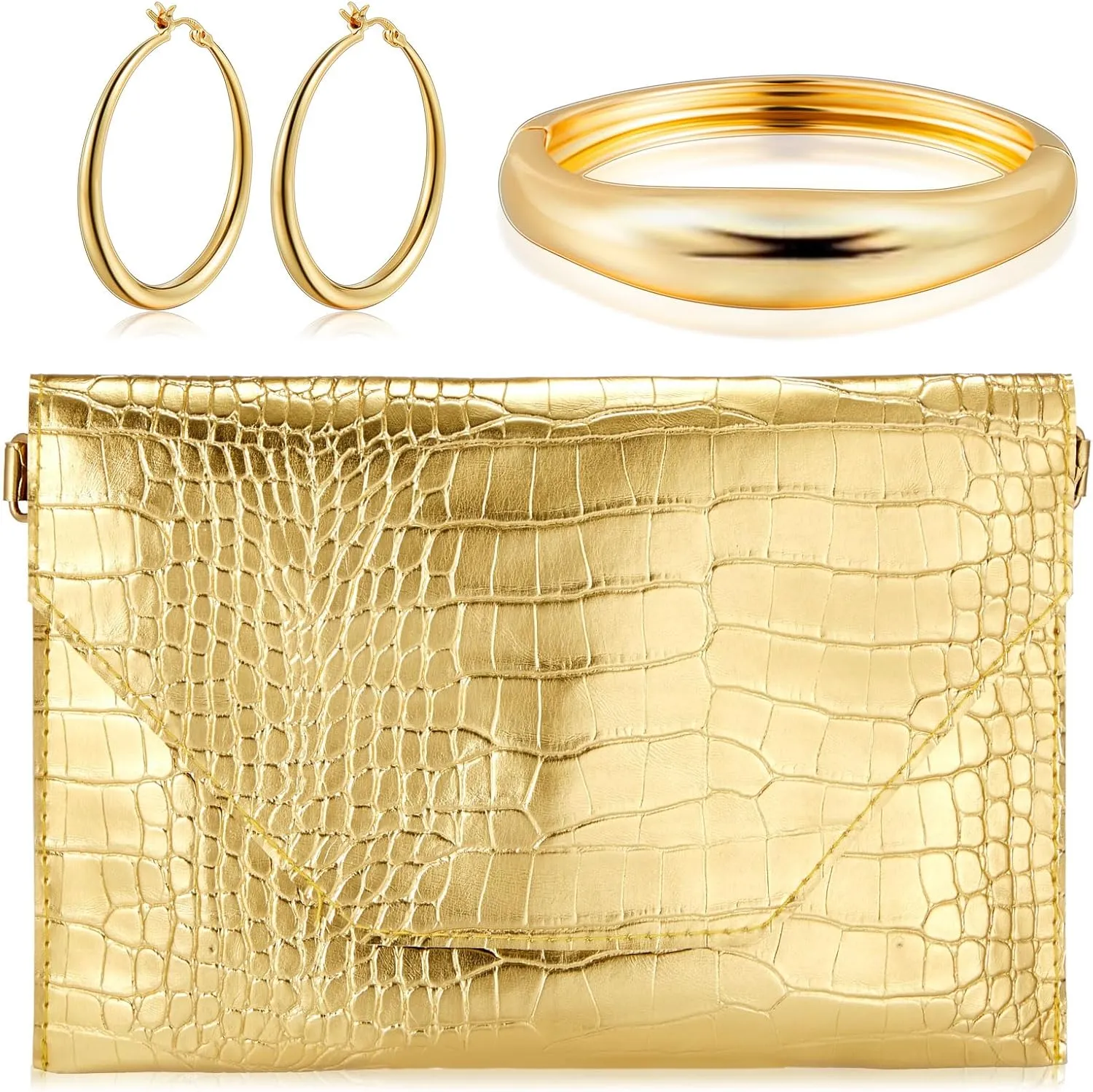 3 Pcs Gold Envelope Clutch Purse for Women Gold Jewelry Set for Women Formal Leather Envelope Handbag Evening Bag Golden Bangle Bracelet Hoop Earrings for Formal Wedding Party Prom Gift
