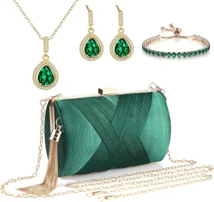4 Pcs Clutch Purses for Women formal,Green Evening Purse Prom Tassels Purses Shoulder Bag for Wedding Vintage Banquet Handbag Earrings Necklace Bracelet Jewelry Set