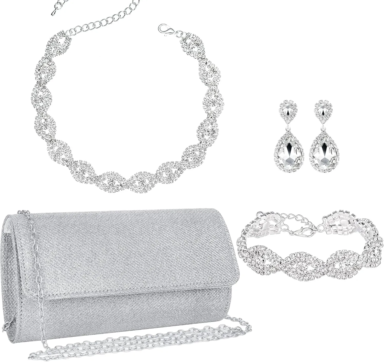 4 Pieces Silver Clutch Purses Rhinestone Crystal Choker Necklace Teardrop Dangle Earrings Link Tennis Bracelet Jewelry Set Evening Bag Handbag Crossbody Envelope for Women