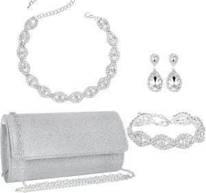 4 Pieces Silver Clutch Purses Rhinestone Crystal Choker Necklace Teardrop Dangle Earrings Link Tennis Bracelet Jewelry Set Evening Bag Handbag Crossbody Envelope for Women