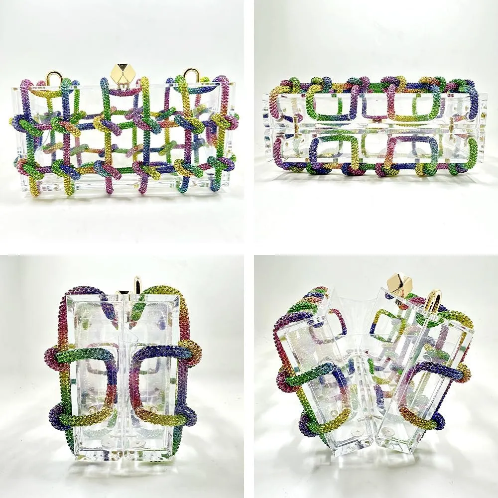 Acrylic Clutch Bags for Women, Colorful Purse with Rhinestone Glittering Handbags Party Wedding Events, Rainbow