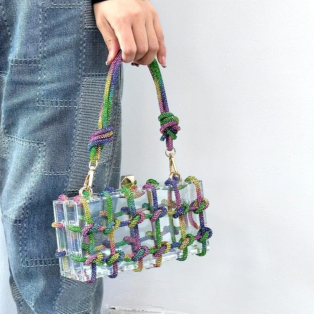 Acrylic Clutch Bags for Women, Colorful Purse with Rhinestone Glittering Handbags Party Wedding Events, Rainbow