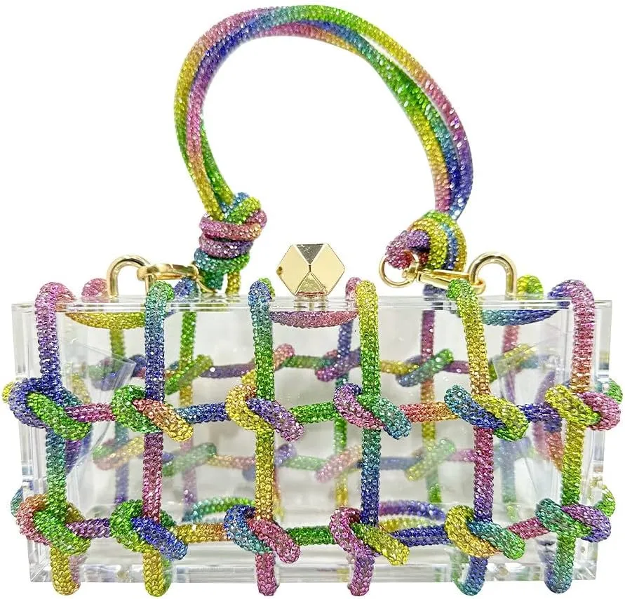 Acrylic Clutch Bags for Women, Colorful Purse with Rhinestone Glittering Handbags Party Wedding Events, Rainbow