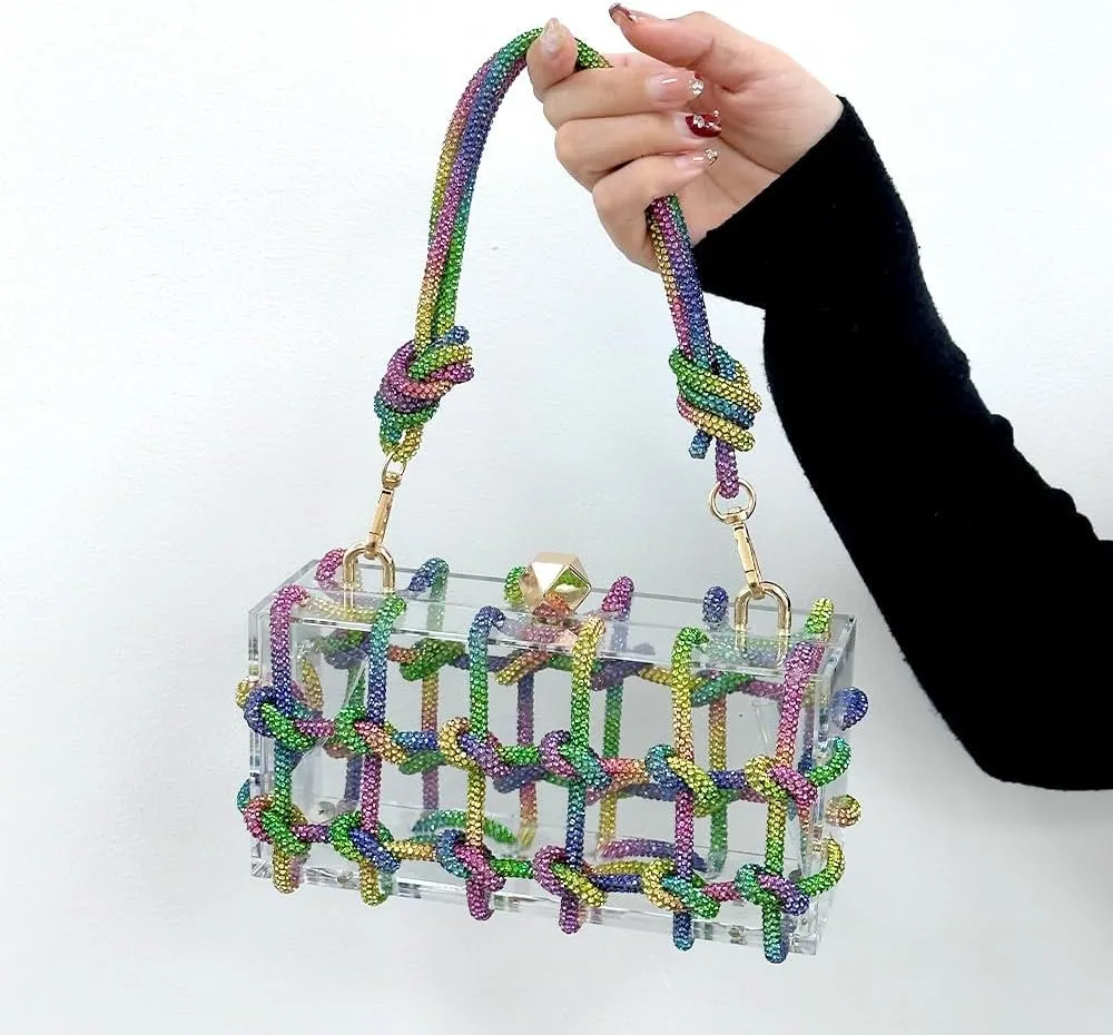 Acrylic Clutch Bags for Women, Colorful Purse with Rhinestone Glittering Handbags Party Wedding Events, Rainbow