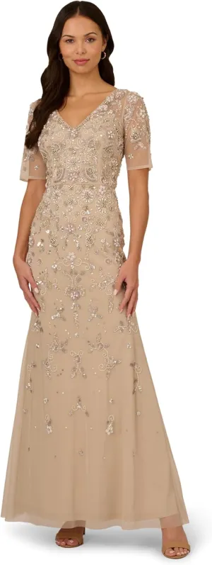 Adrianna Papell Women's Beaded Mesh Long Dress