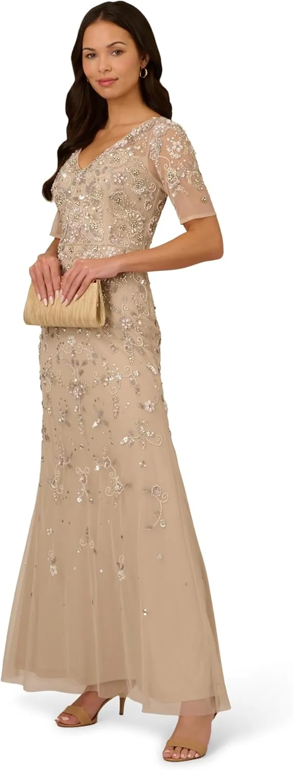 Adrianna Papell Women's Beaded Mesh Long Dress