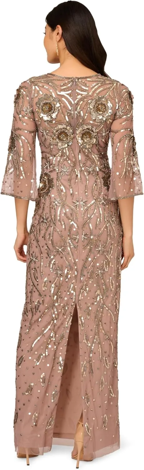 Adrianna Papell Women's Beaded Mesh Long Dress
