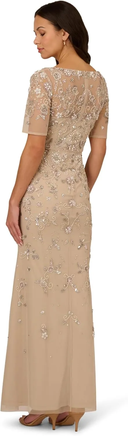Adrianna Papell Women's Beaded Mesh Long Dress
