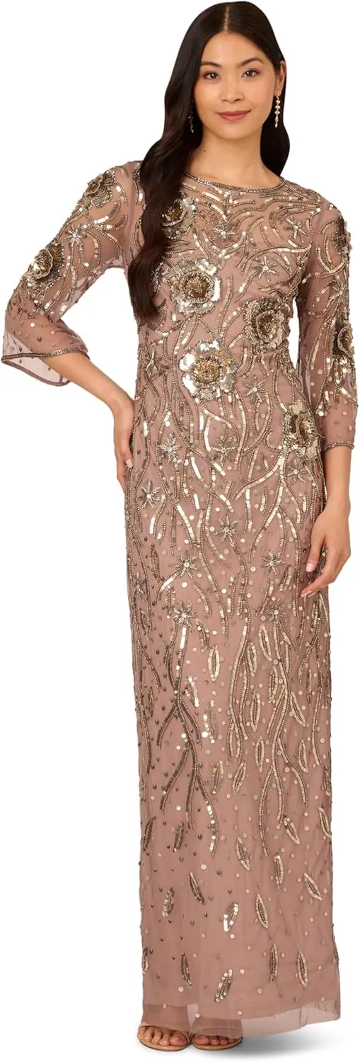 Adrianna Papell Women's Beaded Mesh Long Dress
