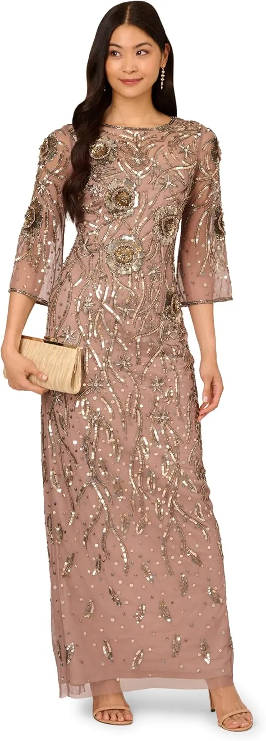 Adrianna Papell Women's Beaded Mesh Long Dress