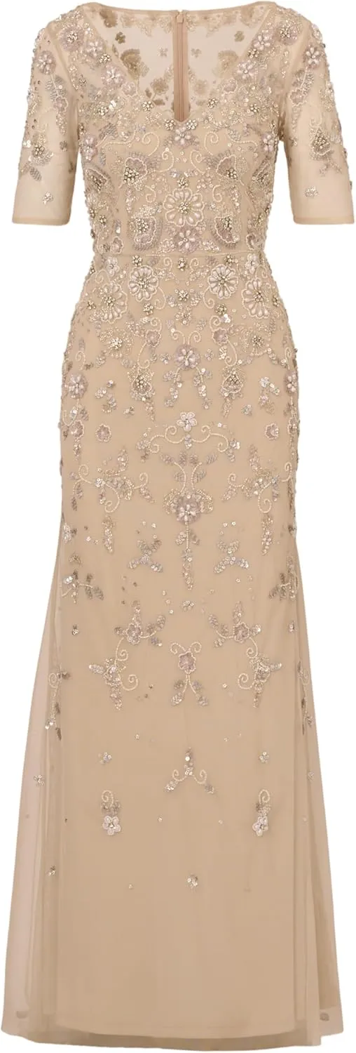 Adrianna Papell Women's Beaded Mesh Long Dress