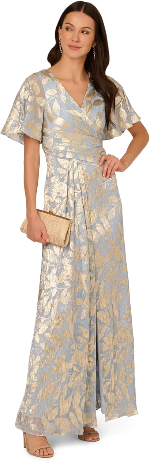 Adrianna Papell Women's Foil Leaf Draped Gown
