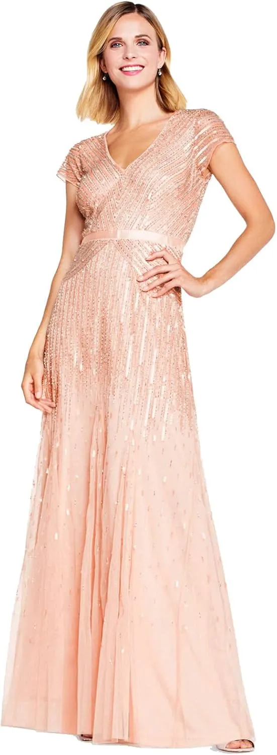 Adrianna Papell Women's Long Beaded V-Neck Dress with Cap Sleeves and Waistband