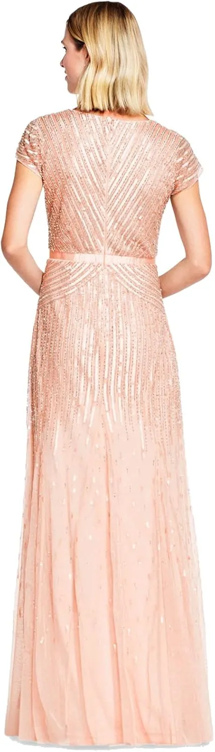 Adrianna Papell Women's Long Beaded V-Neck Dress with Cap Sleeves and Waistband